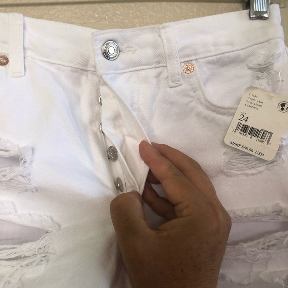 Free People Optic White Maggie Mid-Rise Button Front Fly Distressed Jean Shorts - Picture 6 of 14